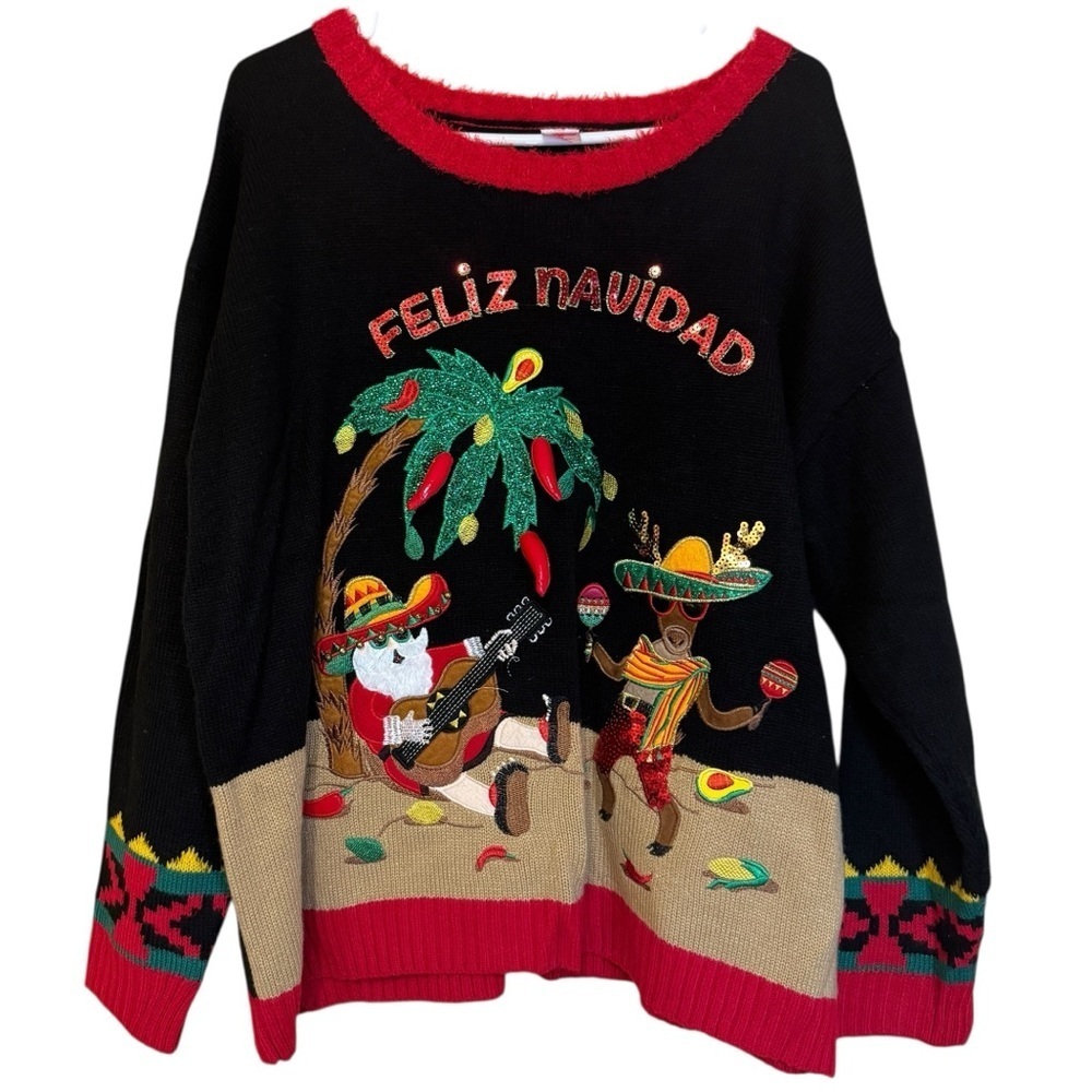 Holiday Time Women Black Feliz Navidad Ugly Christmas Sweater Size 1X